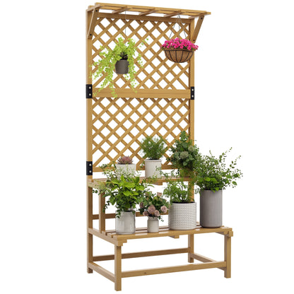 Wooden Plant Stand 2-Tier Plant Shelf Outdoor Plant Holder with Trellis for Garden Patio Terrace 75x50x166 cm Natural