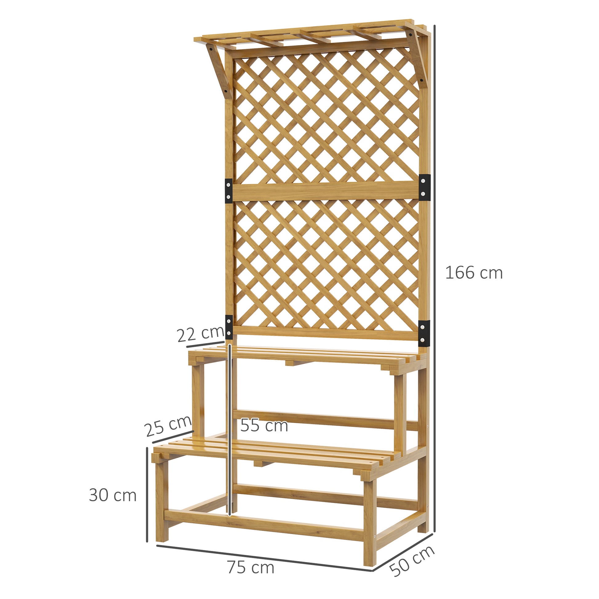 Wooden Plant Stand 2-Tier Plant Shelf Outdoor Plant Holder with Trellis for Garden Patio Terrace 75x50x166 cm Natural