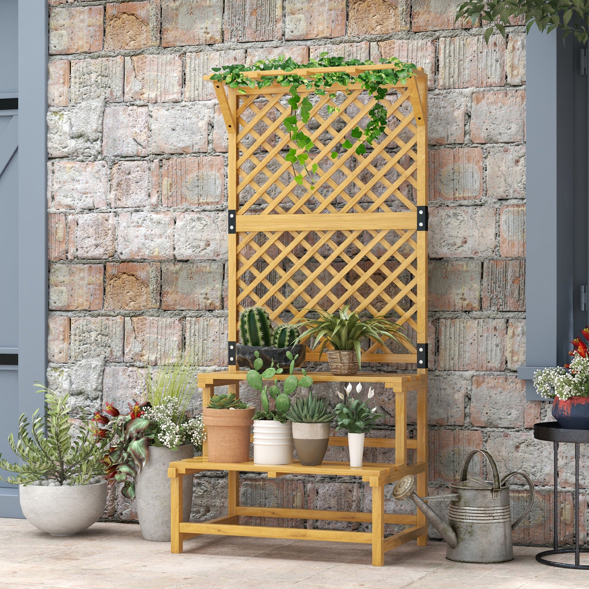 Wooden Plant Stand 2-Tier Plant Shelf Outdoor Plant Holder with Trellis for Garden Patio Terrace 75x50x166 cm Natural
