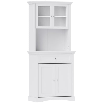 Modern Kitchen Pantry Kitchen Cabinet with 1 Drawer, 2 Glass Doors, and Adjustable Shelves, 50 kg Load Capacity for Dining Room Living Room 79x40x180 cm White