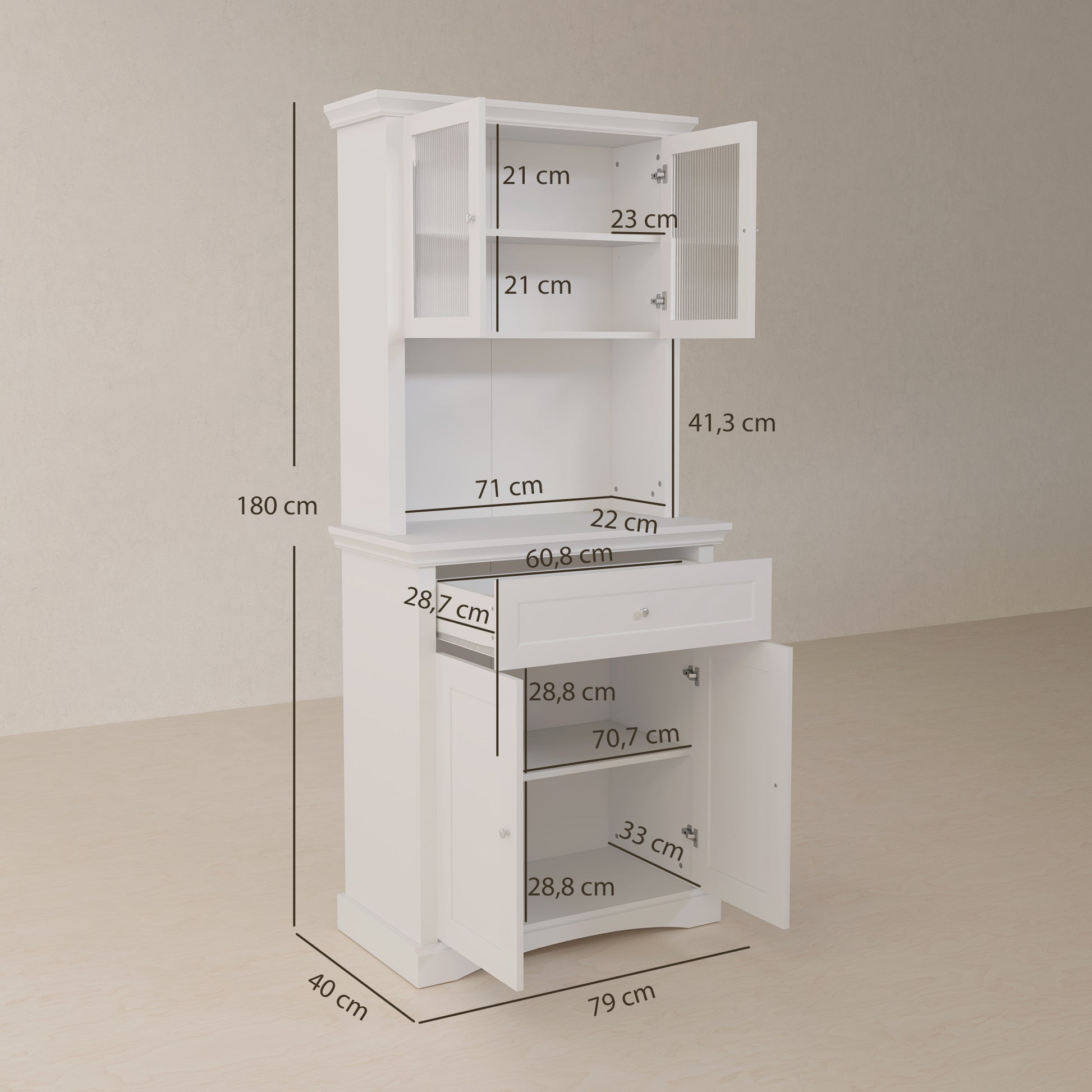 Modern Kitchen Pantry Kitchen Cabinet with 1 Drawer, 2 Glass Doors, and Adjustable Shelves, 50 kg Load Capacity for Dining Room Living Room 79x40x180 cm White