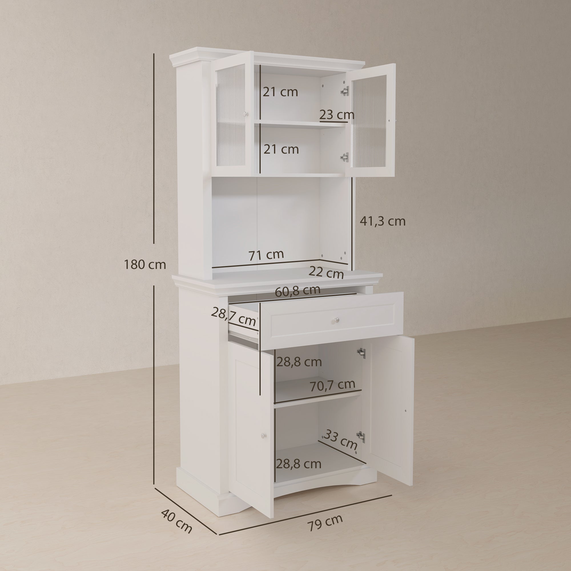 Modern Kitchen Pantry Kitchen Cabinet with 1 Drawer, 2 Glass Doors, and Adjustable Shelves, 50 kg Load Capacity for Dining Room Living Room 79x40x180 cm White