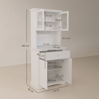 Modern Kitchen Pantry Kitchen Cabinet with 1 Drawer, 2 Glass Doors, and Adjustable Shelves, 50 kg Load Capacity for Dining Room Living Room 79x40x180 cm White