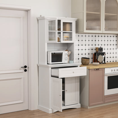 Modern Kitchen Pantry Kitchen Cabinet with 1 Drawer, 2 Glass Doors, and Adjustable Shelves, 50 kg Load Capacity for Dining Room Living Room 79x40x180 cm White