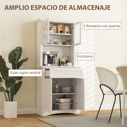 Modern Kitchen Pantry Kitchen Cabinet with 1 Drawer, 2 Glass Doors, and Adjustable Shelves, 50 kg Load Capacity for Dining Room Living Room 79x40x180 cm White