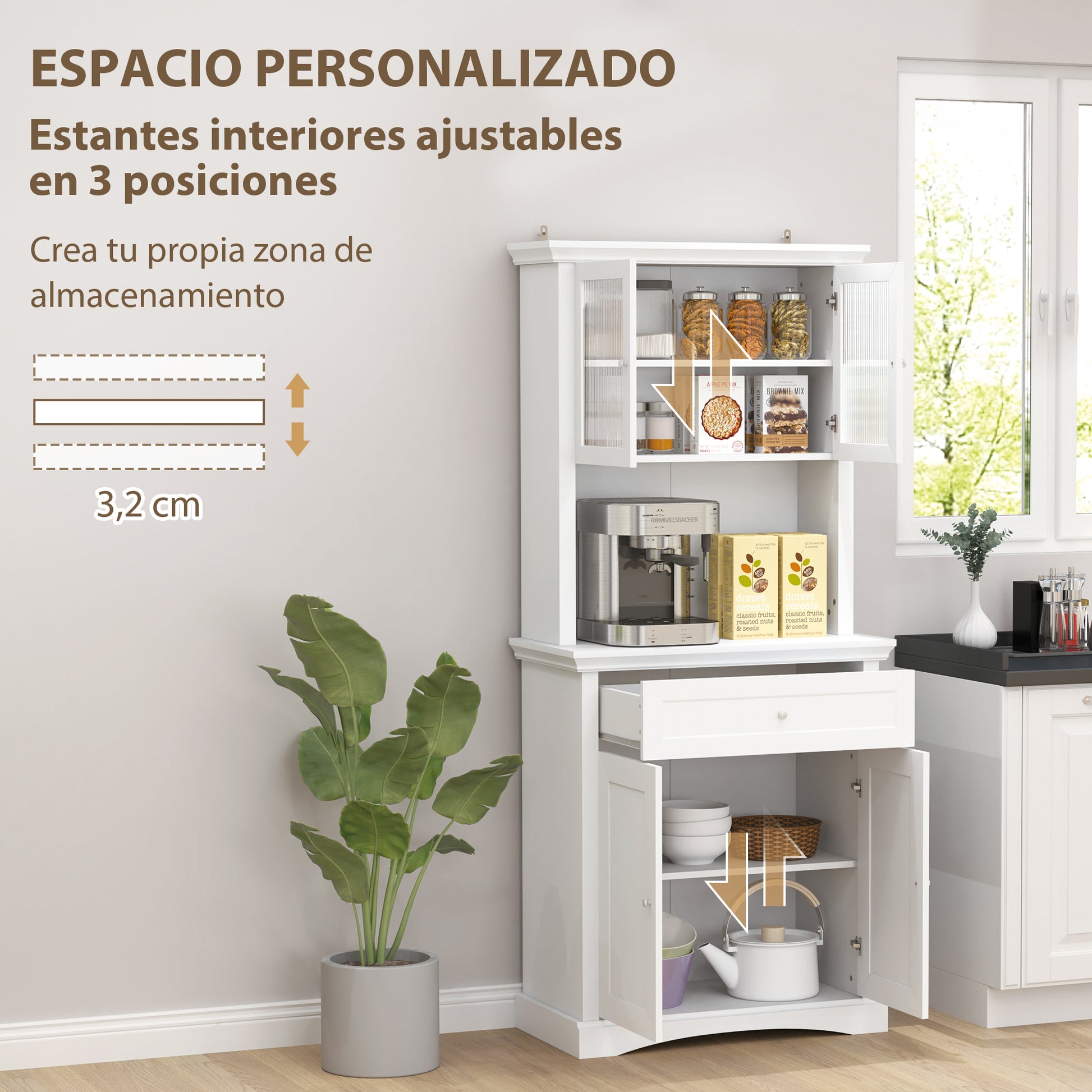 Modern Kitchen Pantry Kitchen Cabinet with 1 Drawer, 2 Glass Doors, and Adjustable Shelves, 50 kg Load Capacity for Dining Room Living Room 79x40x180 cm White