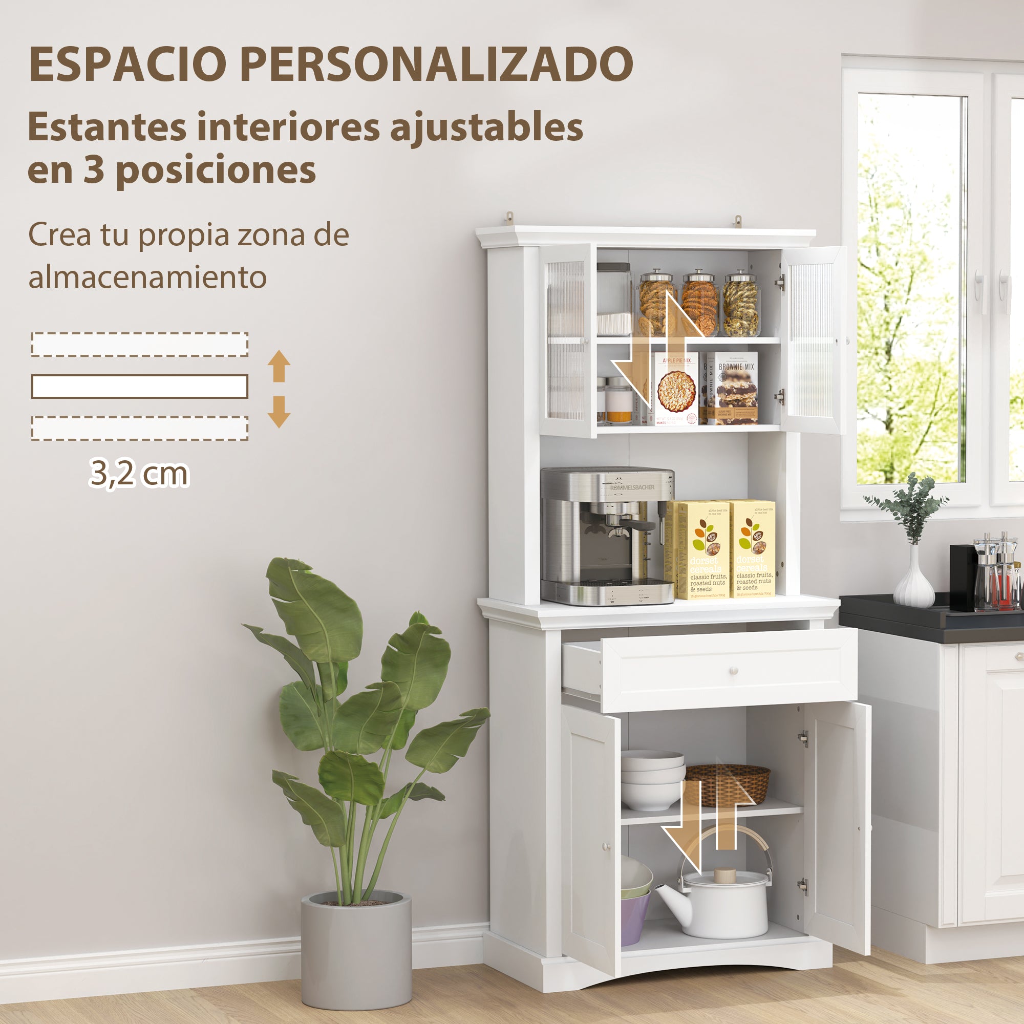 Modern Kitchen Pantry Kitchen Cabinet with 1 Drawer, 2 Glass Doors, and Adjustable Shelves, 50 kg Load Capacity for Dining Room Living Room 79x40x180 cm White