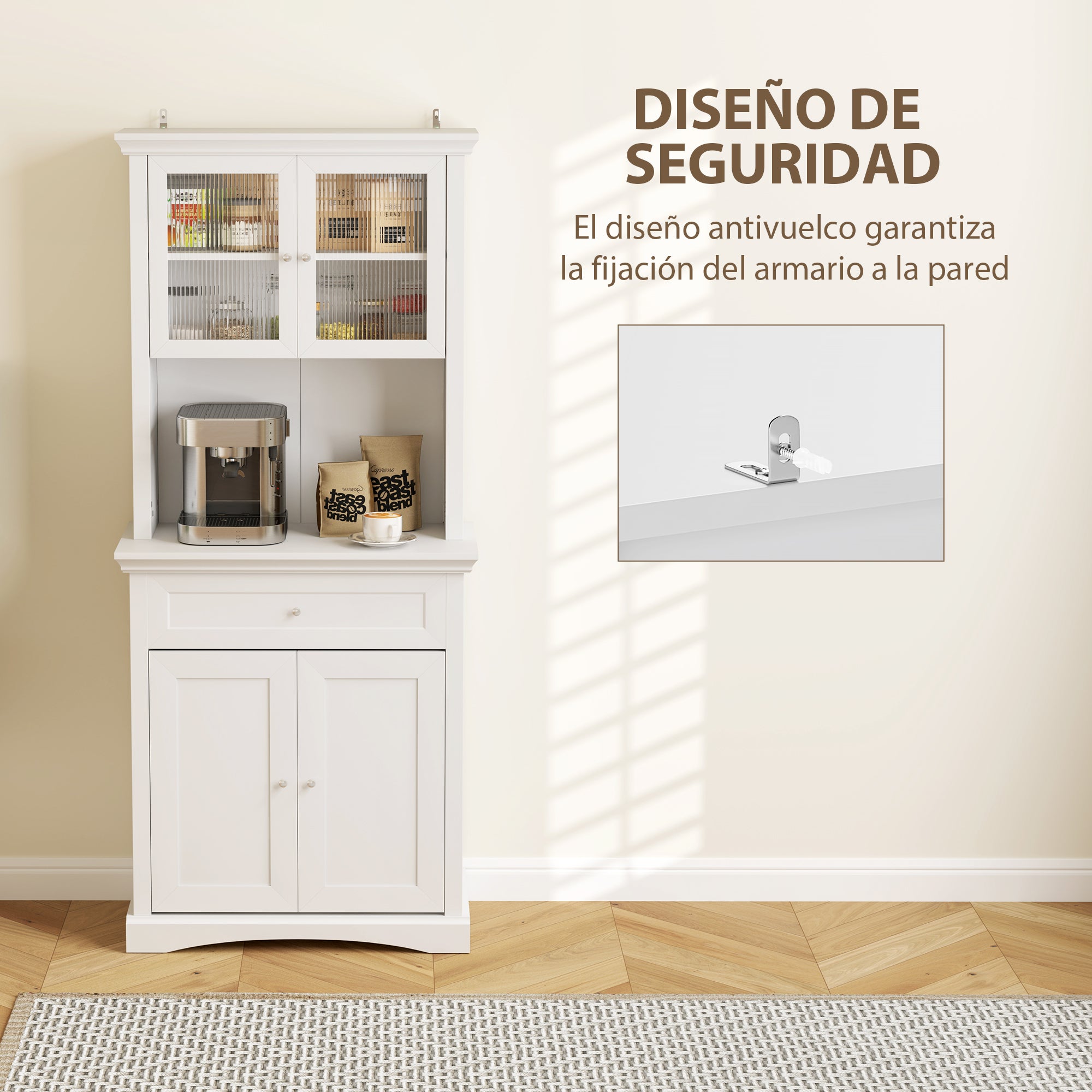 Modern Kitchen Pantry Kitchen Cabinet with 1 Drawer, 2 Glass Doors, and Adjustable Shelves, 50 kg Load Capacity for Dining Room Living Room 79x40x180 cm White