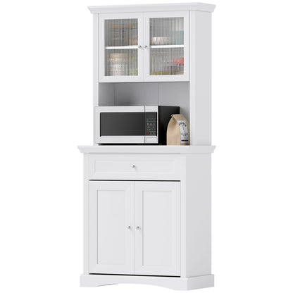 Modern Kitchen Pantry Kitchen Cabinet with 1 Drawer, 2 Glass Doors, and Adjustable Shelves, 50 kg Load Capacity for Dining Room Living Room 79x40x180 cm White