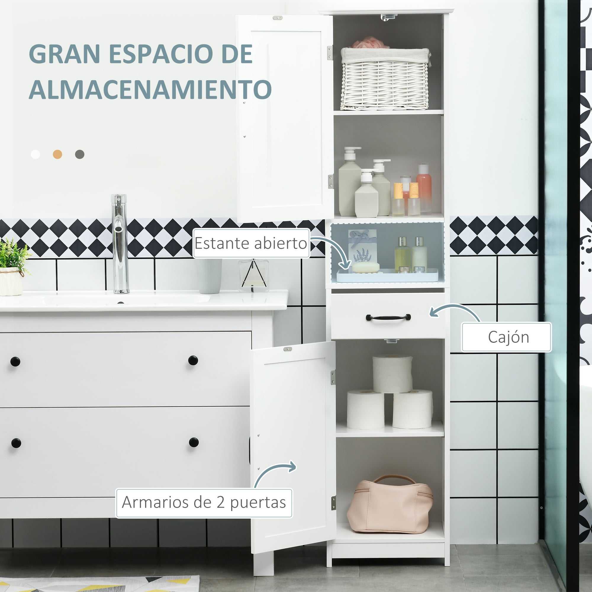 Bathroom Column Bathroom Cabinet with 2 Doors 1 Drawer Open Shelf and Adjustable Anti-Tip Shelves 40x30x164 cm White