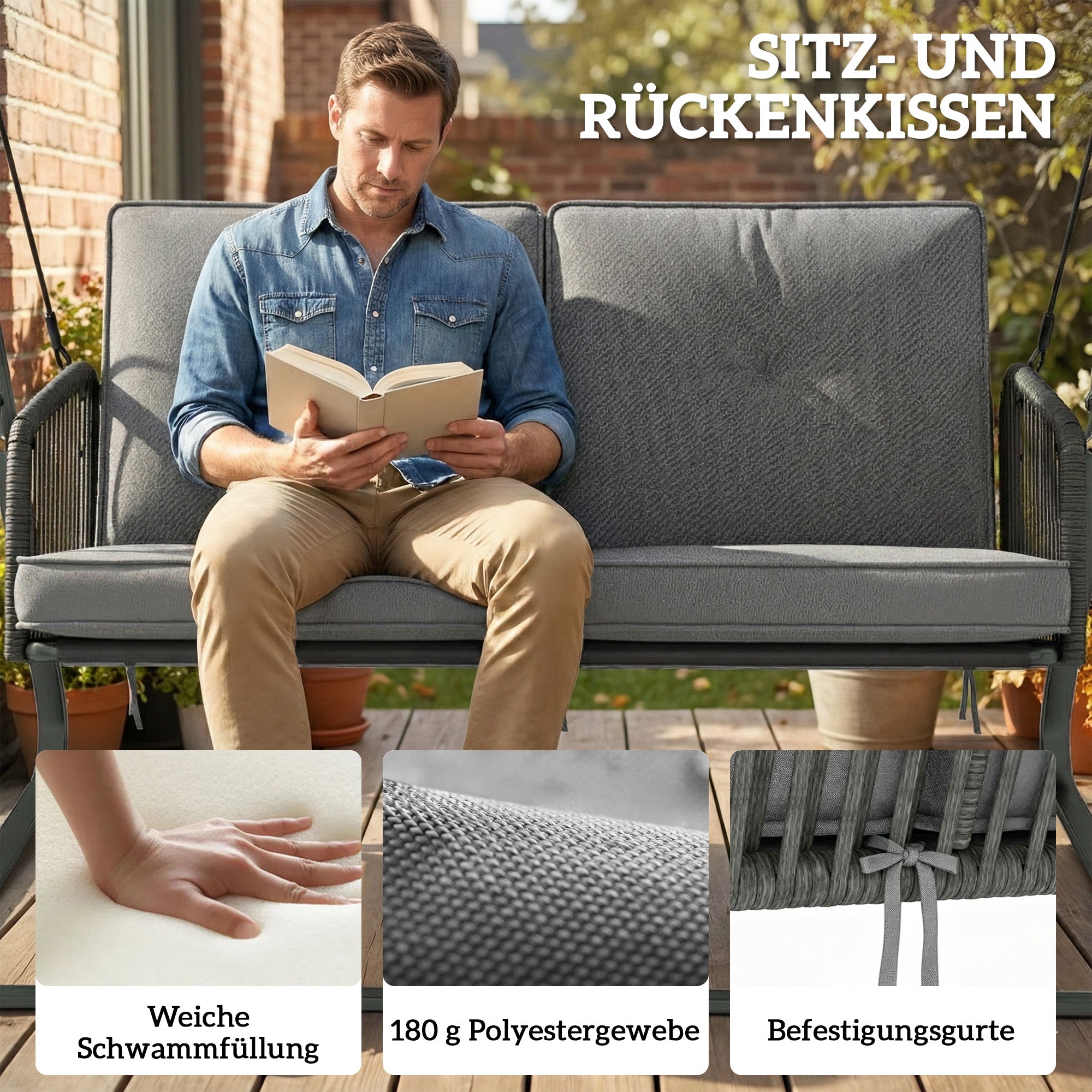 2‑Seater Rattan Hollywood Swing with Adjustable Sun Canopy and Soft Cushions, A‑Frame — Holds up to 240 kg (529 lb) — 150 x 128 x 168 cm / 59 x 50 x 66 in — Dark Gray