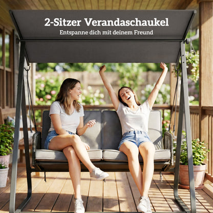 2‑Seater Rattan Hollywood Swing with Adjustable Sun Canopy and Soft Cushions, A‑Frame — Holds up to 240 kg (529 lb) — 150 x 128 x 168 cm / 59 x 50 x 66 in — Dark Gray