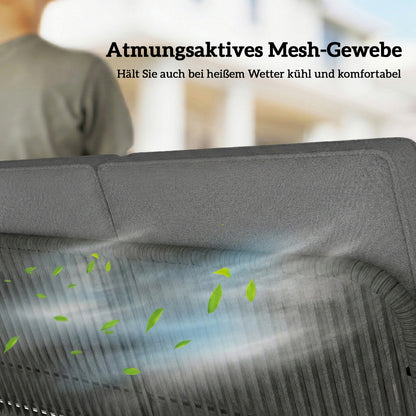 2‑Seater Rattan Hollywood Swing with Adjustable Sun Canopy and Soft Cushions, A‑Frame — Holds up to 240 kg (529 lb) — 150 x 128 x 168 cm / 59 x 50 x 66 in — Dark Gray