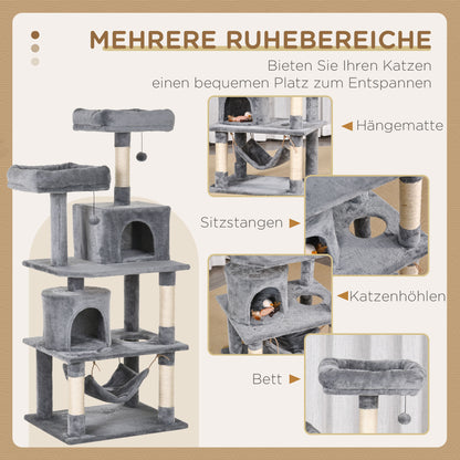 Large Cat Scratching Post Tree 145 cm, Cat Tree with Hammock, Climbing Tree for Cats, Cat Scratching Post Cave Cat Furniture with Sisal Posts, Light Gray
