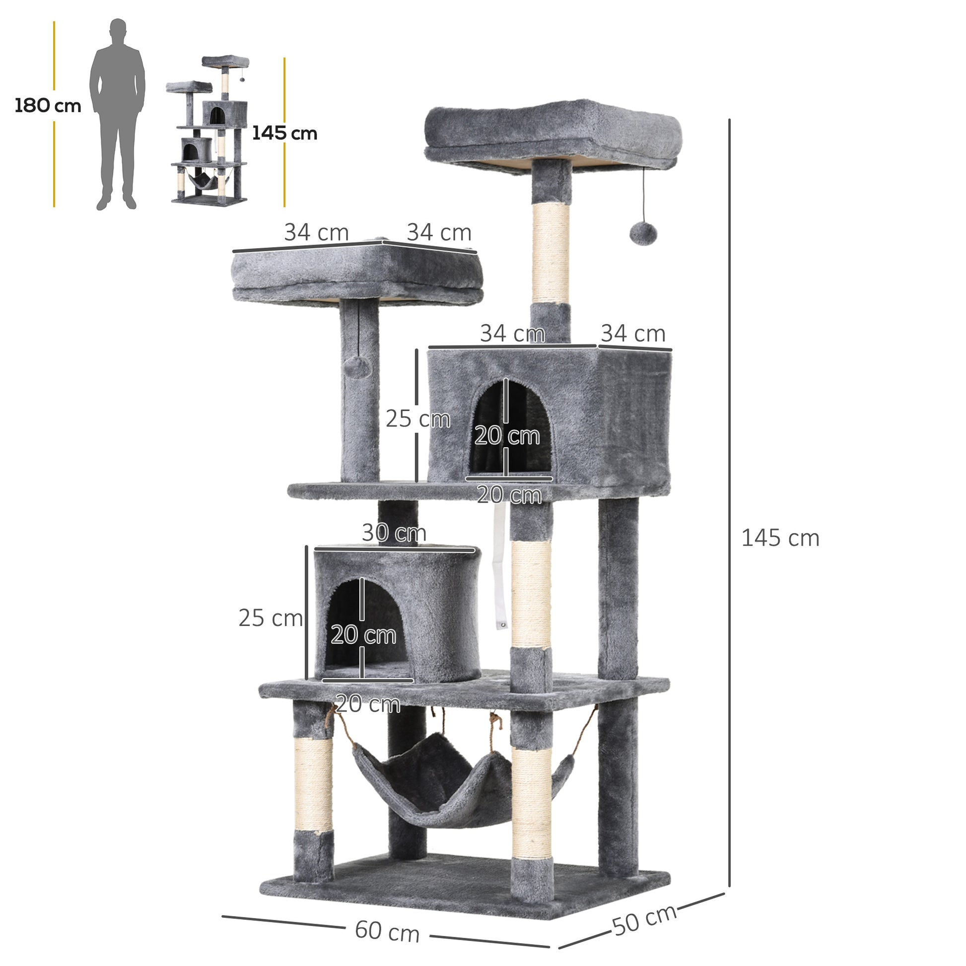 Large Cat Scratching Post Tree 145 cm, Cat Tree with Hammock, Climbing Tree for Cats, Cat Scratching Post Cave Cat Furniture with Sisal Posts, Light Gray