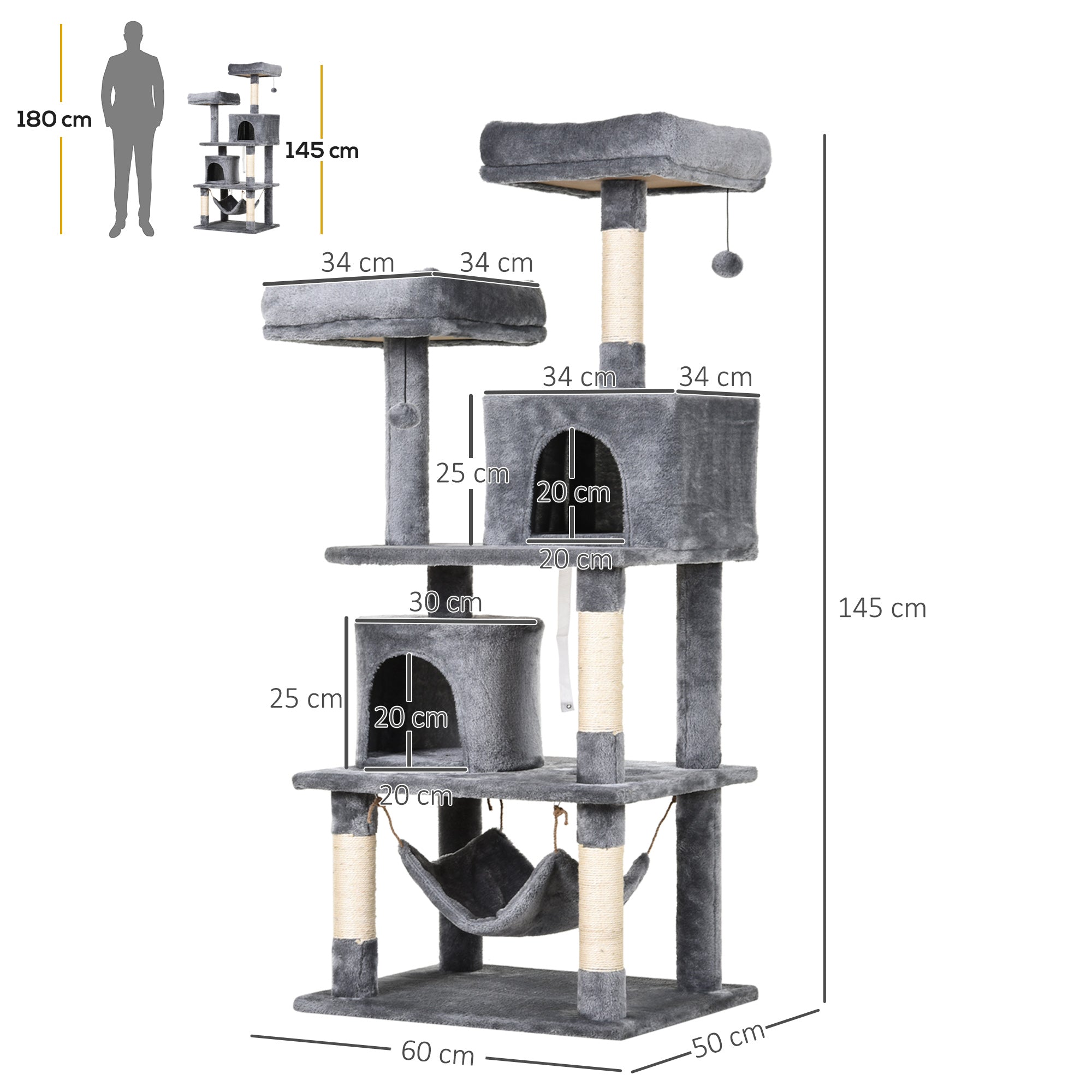Large Cat Scratching Post Tree 145 cm, Cat Tree with Hammock, Climbing Tree for Cats, Cat Scratching Post Cave Cat Furniture with Sisal Posts, Light Gray