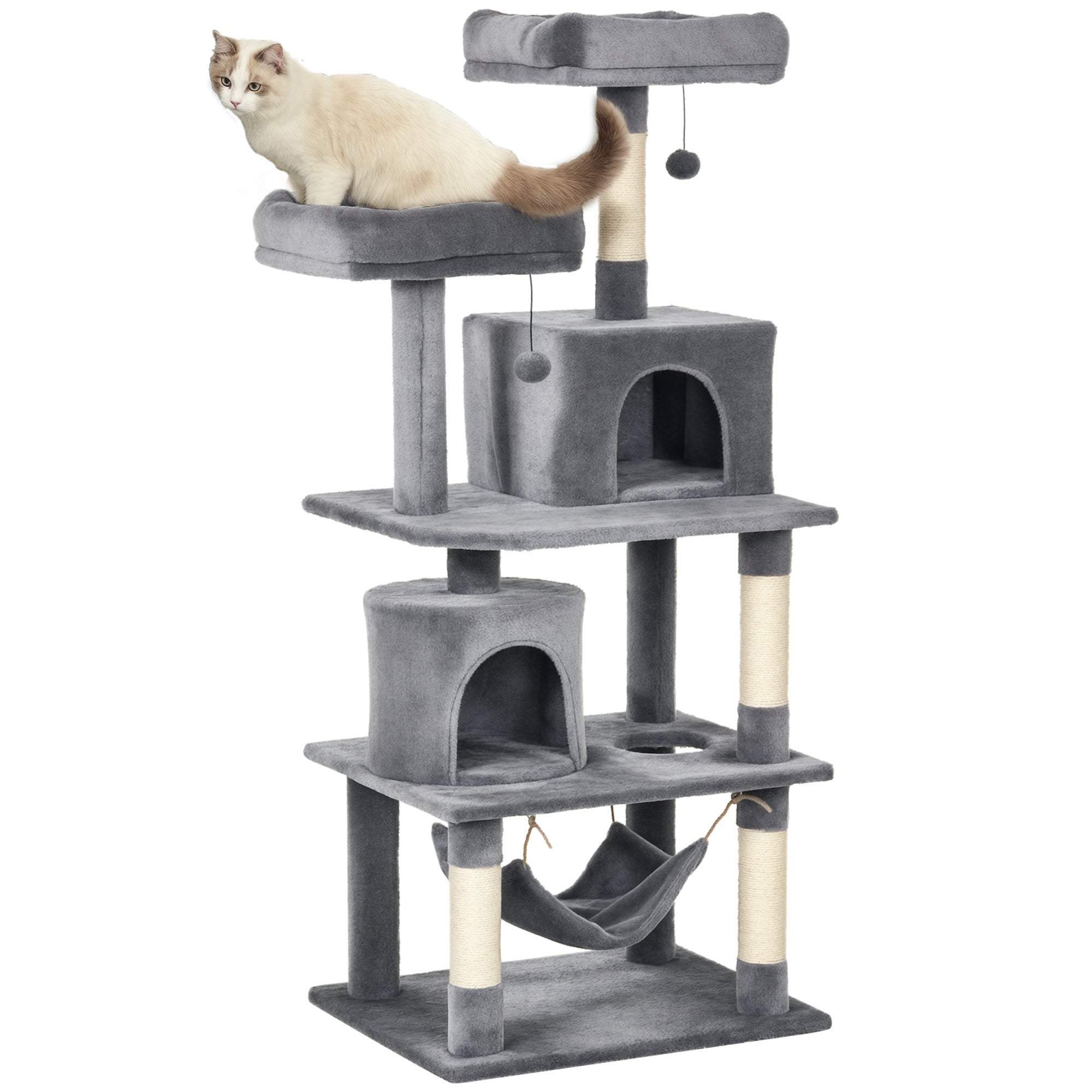 Large Cat Scratching Post Tree 145 cm, Cat Tree with Hammock, Climbing Tree for Cats, Cat Scratching Post Cave Cat Furniture with Sisal Posts, Light Gray