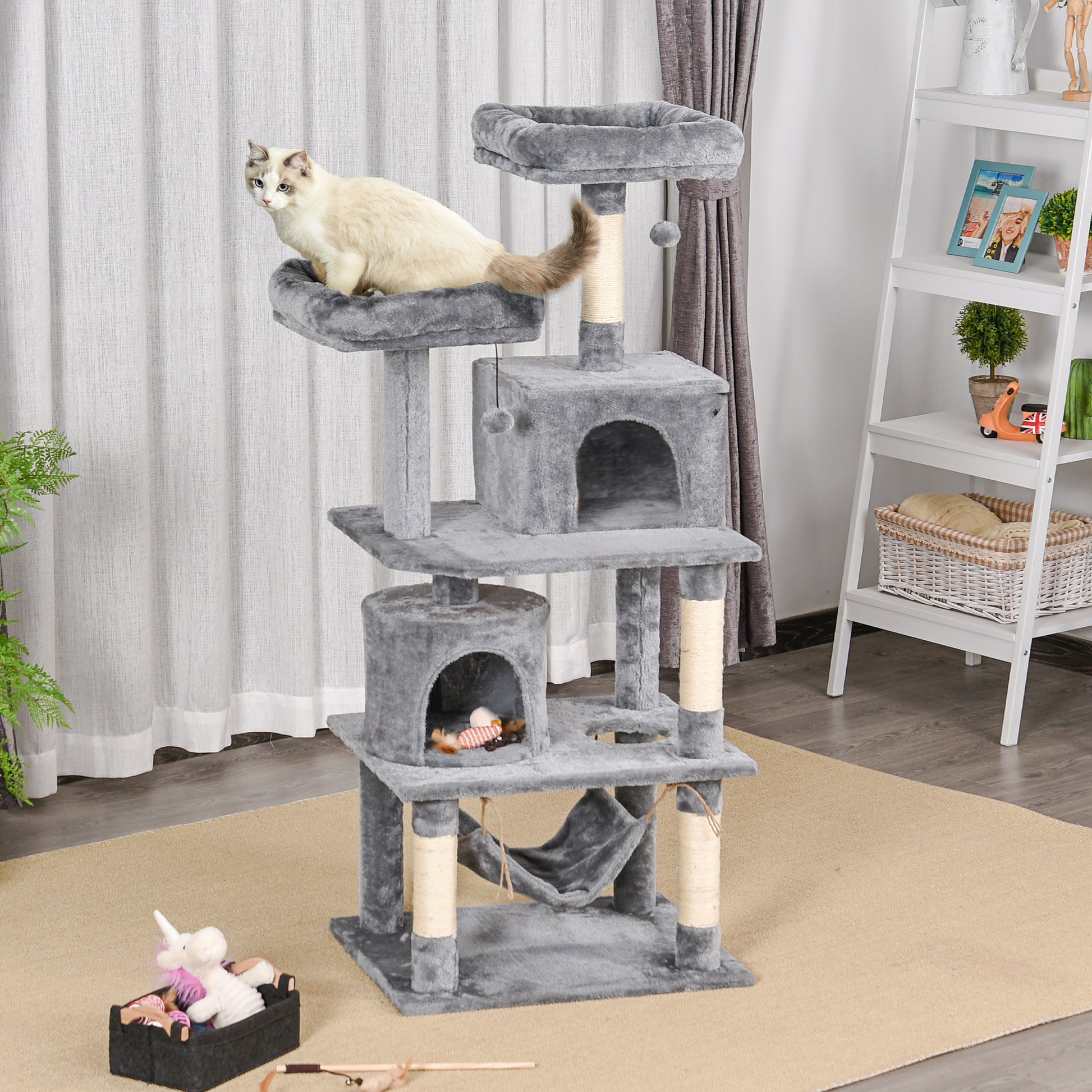 Large Cat Scratching Post Tree 145 cm, Cat Tree with Hammock, Climbing Tree for Cats, Cat Scratching Post Cave Cat Furniture with Sisal Posts, Light Gray