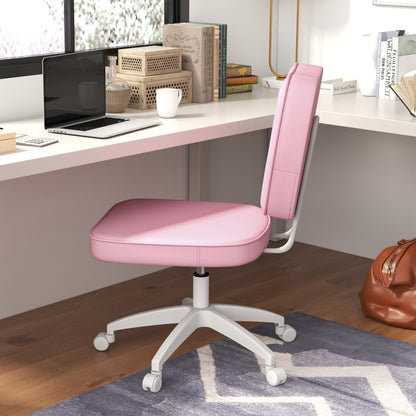 Upholstered PU Desk Chair Swivel Office Chair with Adjustable Height Armless 120kg Load for Study Bedroom 46x59x82-92cm Pink