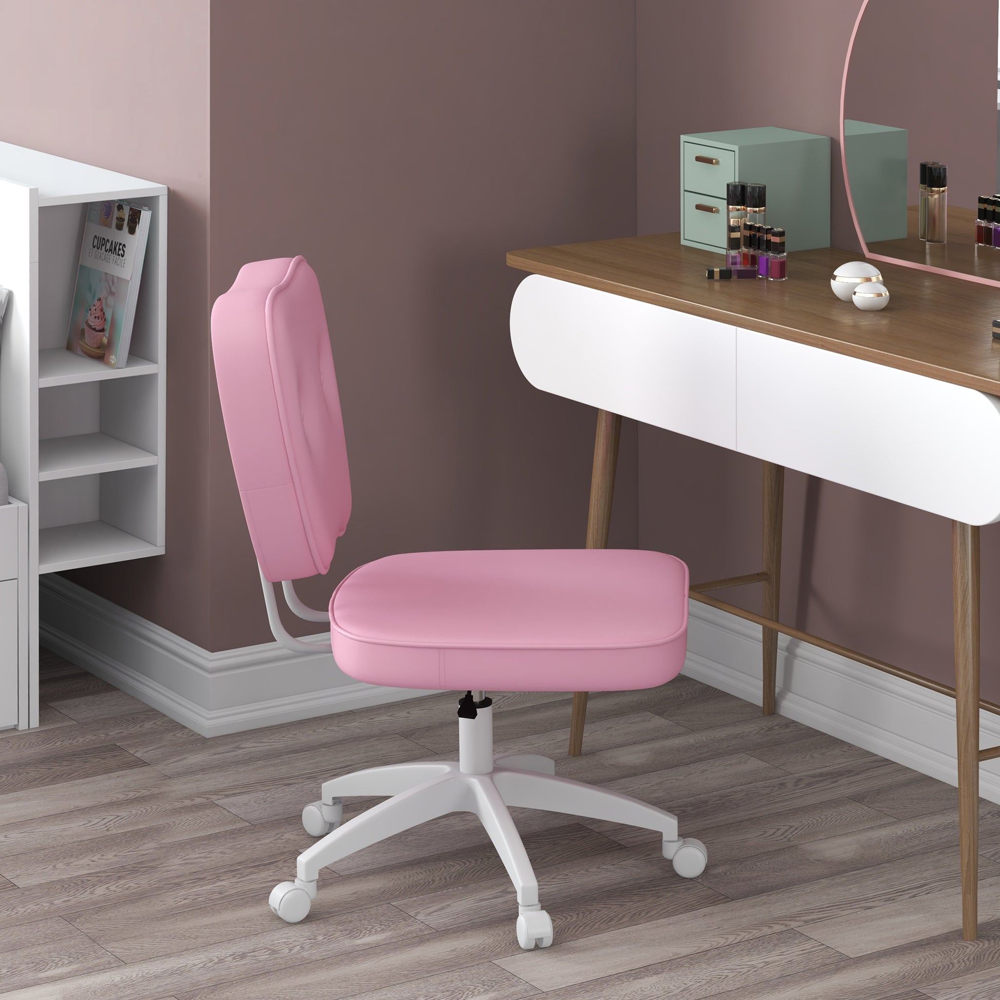 Upholstered PU Desk Chair Swivel Office Chair with Adjustable Height Armless 120kg Load for Study Bedroom 46x59x82-92cm Pink