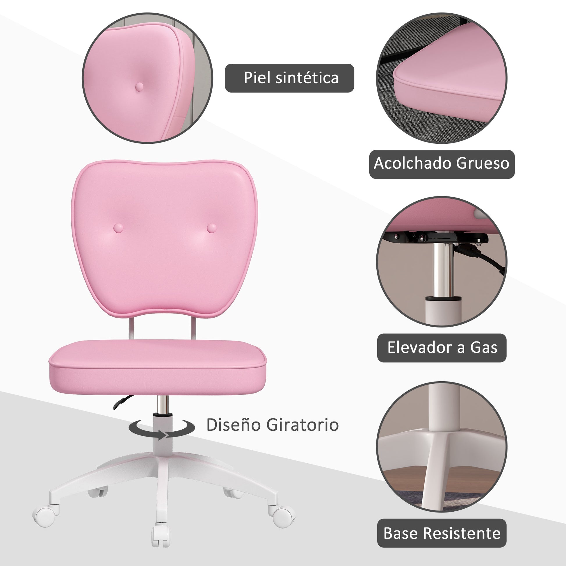 Upholstered PU Desk Chair Swivel Office Chair with Adjustable Height Armless 120kg Load for Study Bedroom 46x59x82-92cm Pink