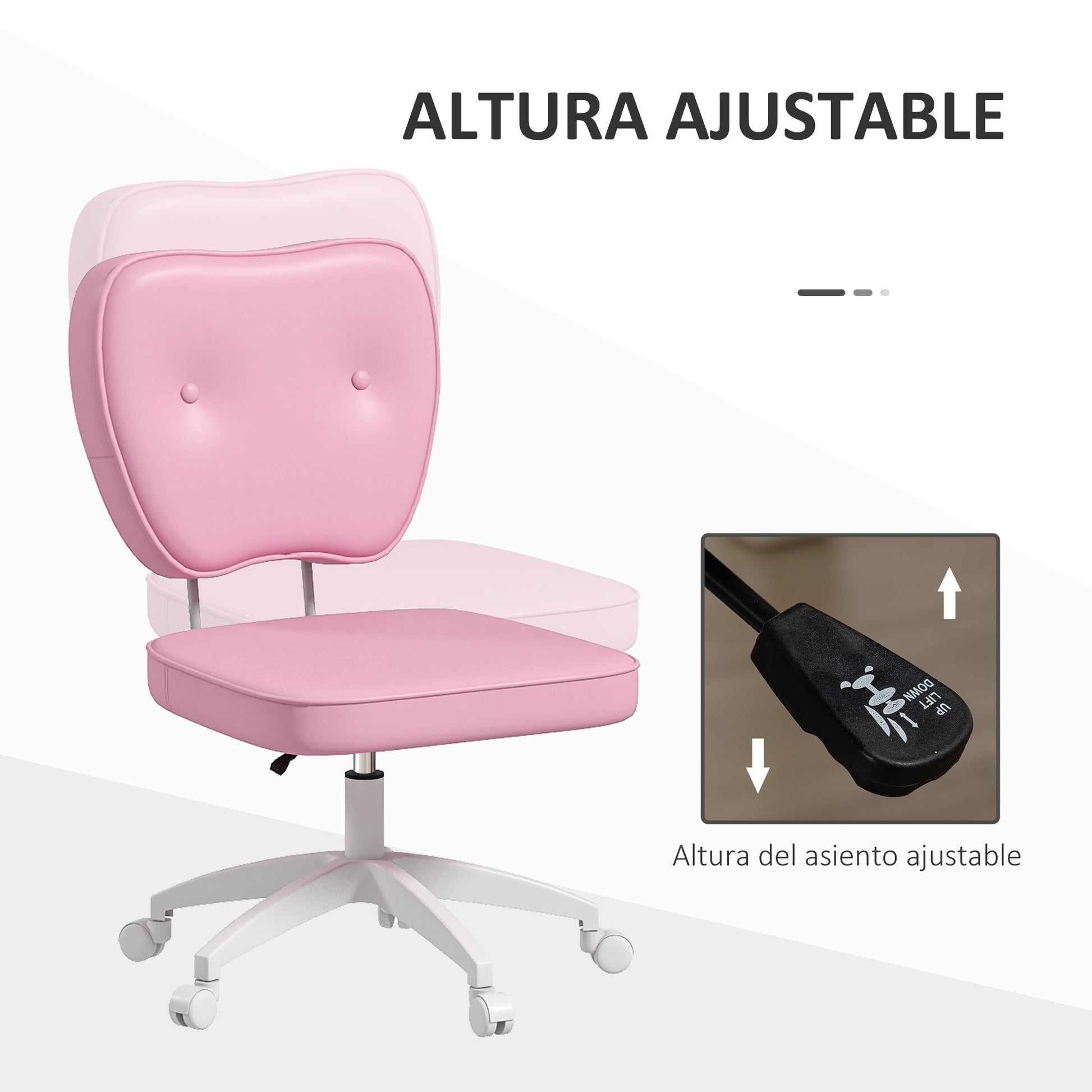 Upholstered PU Desk Chair Swivel Office Chair with Adjustable Height Armless 120kg Load for Study Bedroom 46x59x82-92cm Pink