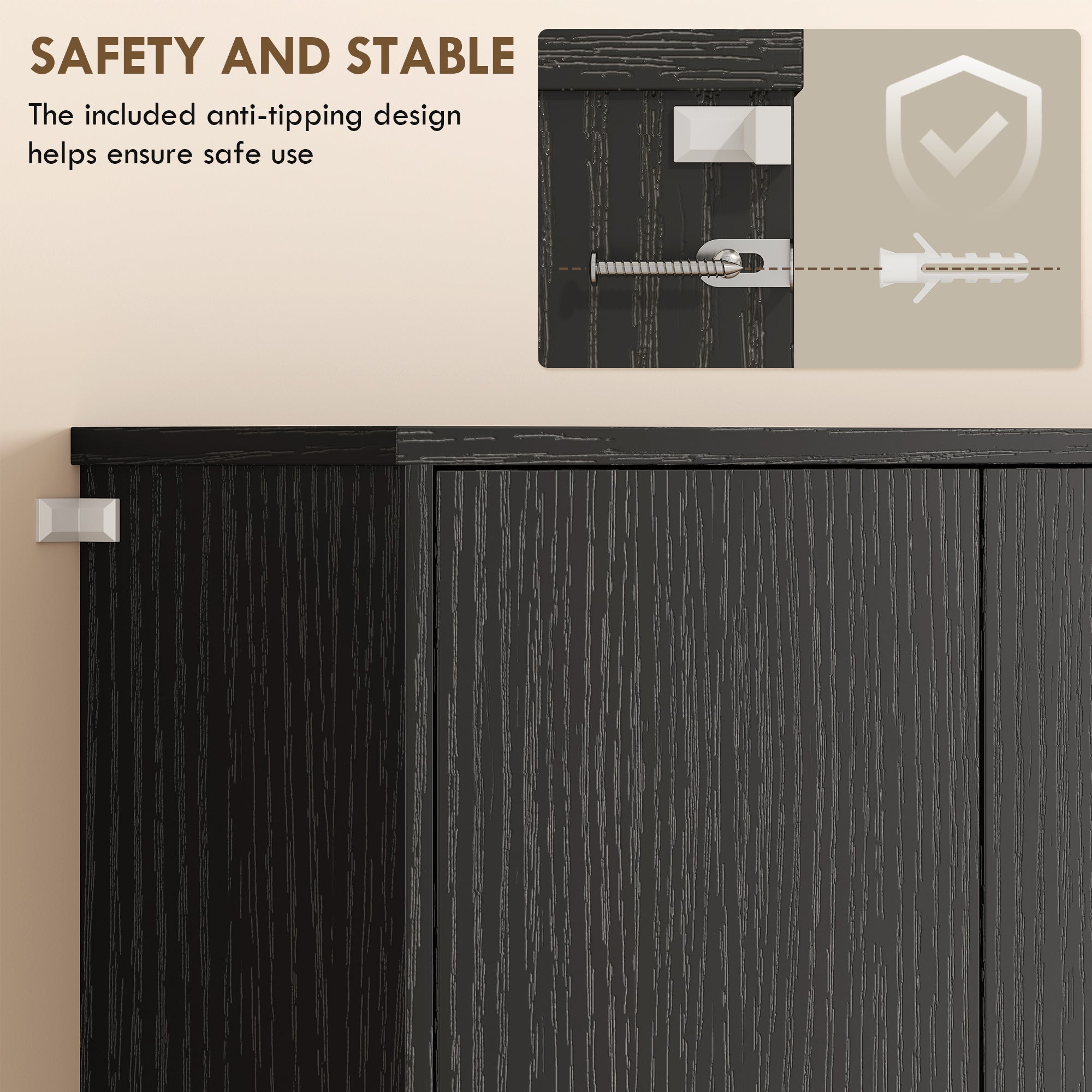 Kitchen Pantry Cabinet with Worktop, 6 Doors, Adjustable Shelves & Microwave Shelf, Cable Management — Black (39.4 x 15.0 x 70.9 in)
