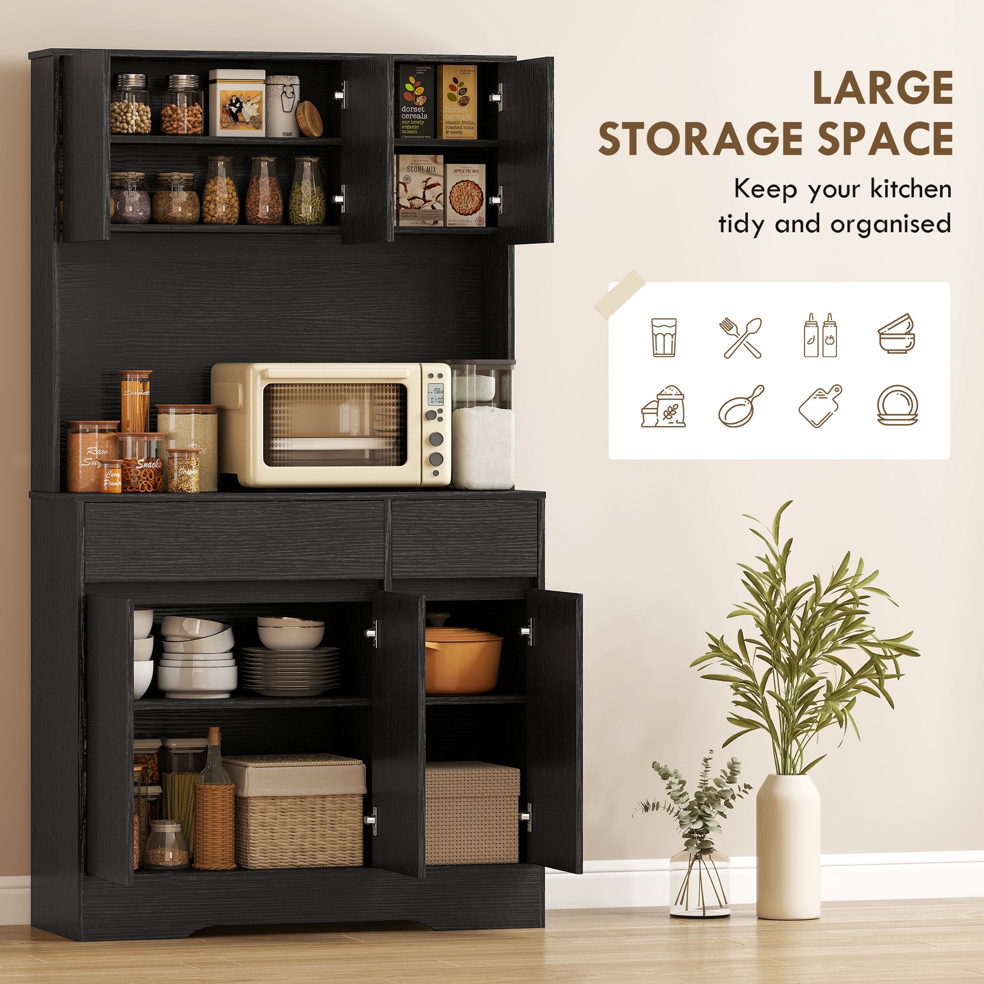Kitchen Pantry Cabinet with Worktop, 6 Doors, Adjustable Shelves & Microwave Shelf, Cable Management — Black (39.4 x 15.0 x 70.9 in)