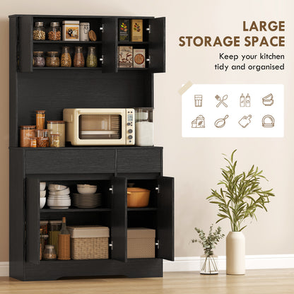 Kitchen Pantry Cabinet with Worktop, 6 Doors, Adjustable Shelves & Microwave Shelf, Cable Management — Black (39.4 x 15.0 x 70.9 in)