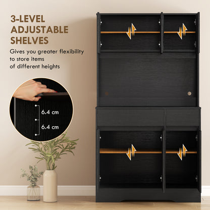Kitchen Pantry Cabinet with Worktop, 6 Doors, Adjustable Shelves & Microwave Shelf, Cable Management — Black (39.4 x 15.0 x 70.9 in)