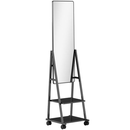Full-Length Mirror, 42 x 155 cm Floor Mirror with Shelf, Standing Mirror with Wheels, Freestanding Mirror for Bedroom, Living Room, Black