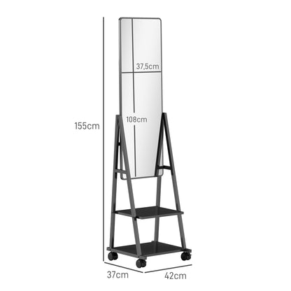 Full-Length Mirror, 42 x 155 cm Floor Mirror with Shelf, Standing Mirror with Wheels, Freestanding Mirror for Bedroom, Living Room, Black