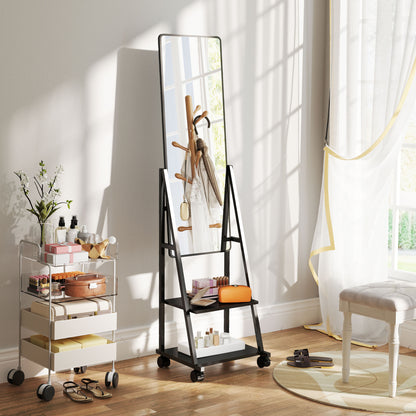 Full-Length Mirror, 42 x 155 cm Floor Mirror with Shelf, Standing Mirror with Wheels, Freestanding Mirror for Bedroom, Living Room, Black