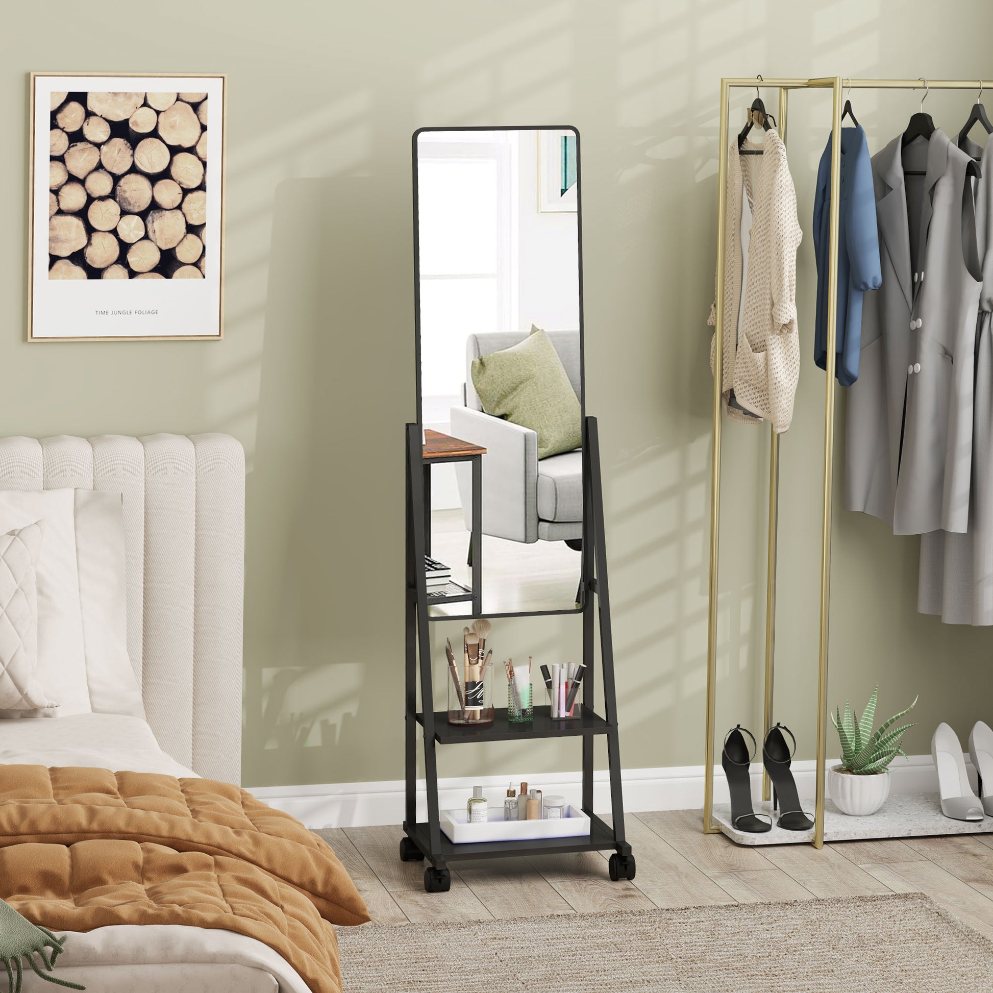 Full-Length Mirror, 42 x 155 cm Floor Mirror with Shelf, Standing Mirror with Wheels, Freestanding Mirror for Bedroom, Living Room, Black