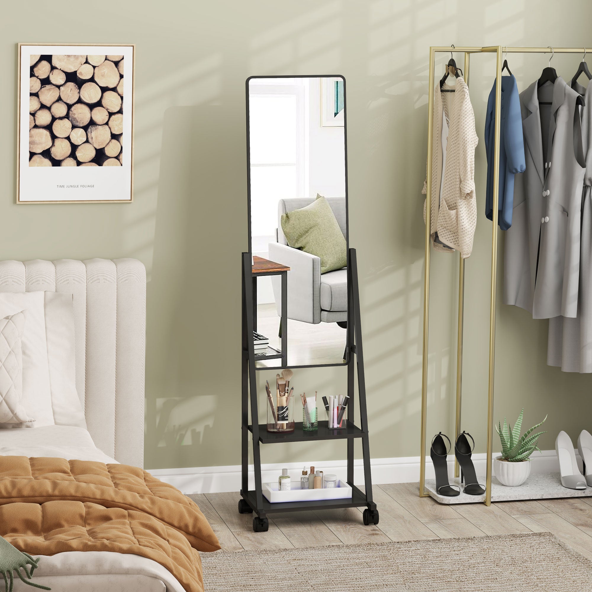Full-Length Mirror, 42 x 155 cm Floor Mirror with Shelf, Standing Mirror with Wheels, Freestanding Mirror for Bedroom, Living Room, Black