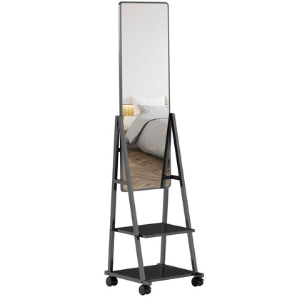 Full-Length Mirror, 42 x 155 cm Floor Mirror with Shelf, Standing Mirror with Wheels, Freestanding Mirror for Bedroom, Living Room, Black
