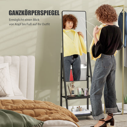 Full-Length Mirror, 42 x 155 cm Floor Mirror with Shelf, Standing Mirror with Wheels, Freestanding Mirror for Bedroom, Living Room, Black