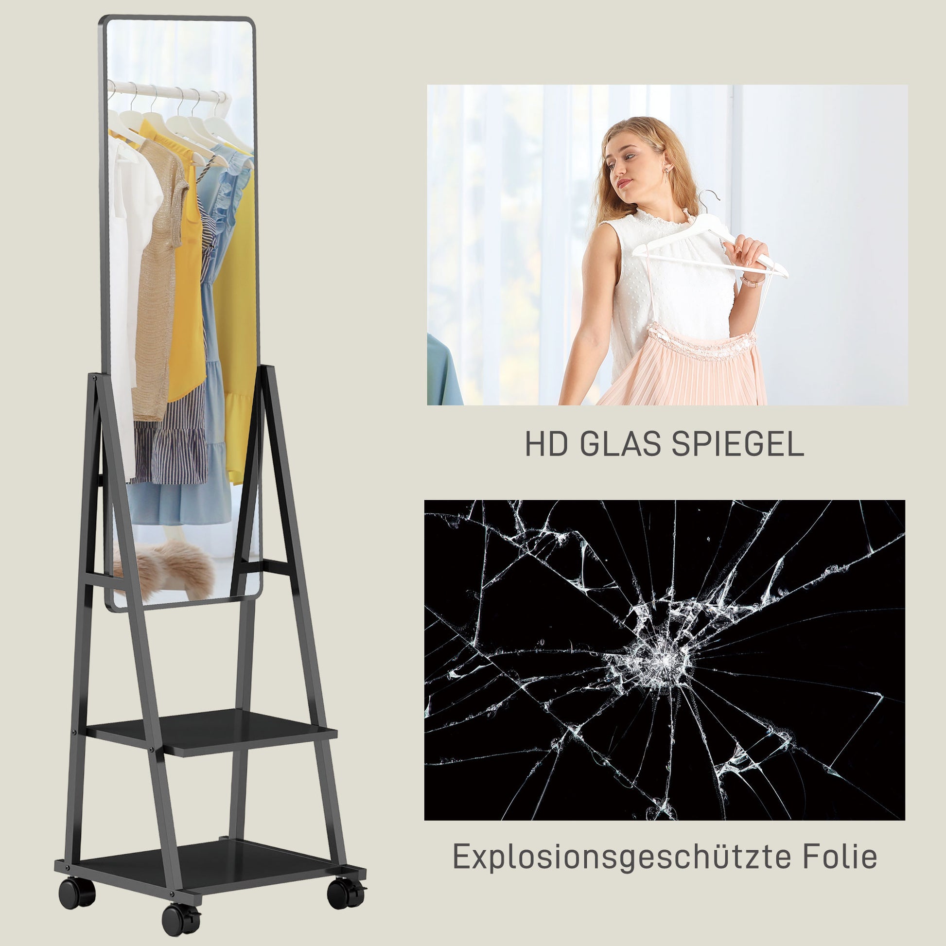 Full-Length Mirror, 42 x 155 cm Floor Mirror with Shelf, Standing Mirror with Wheels, Freestanding Mirror for Bedroom, Living Room, Black