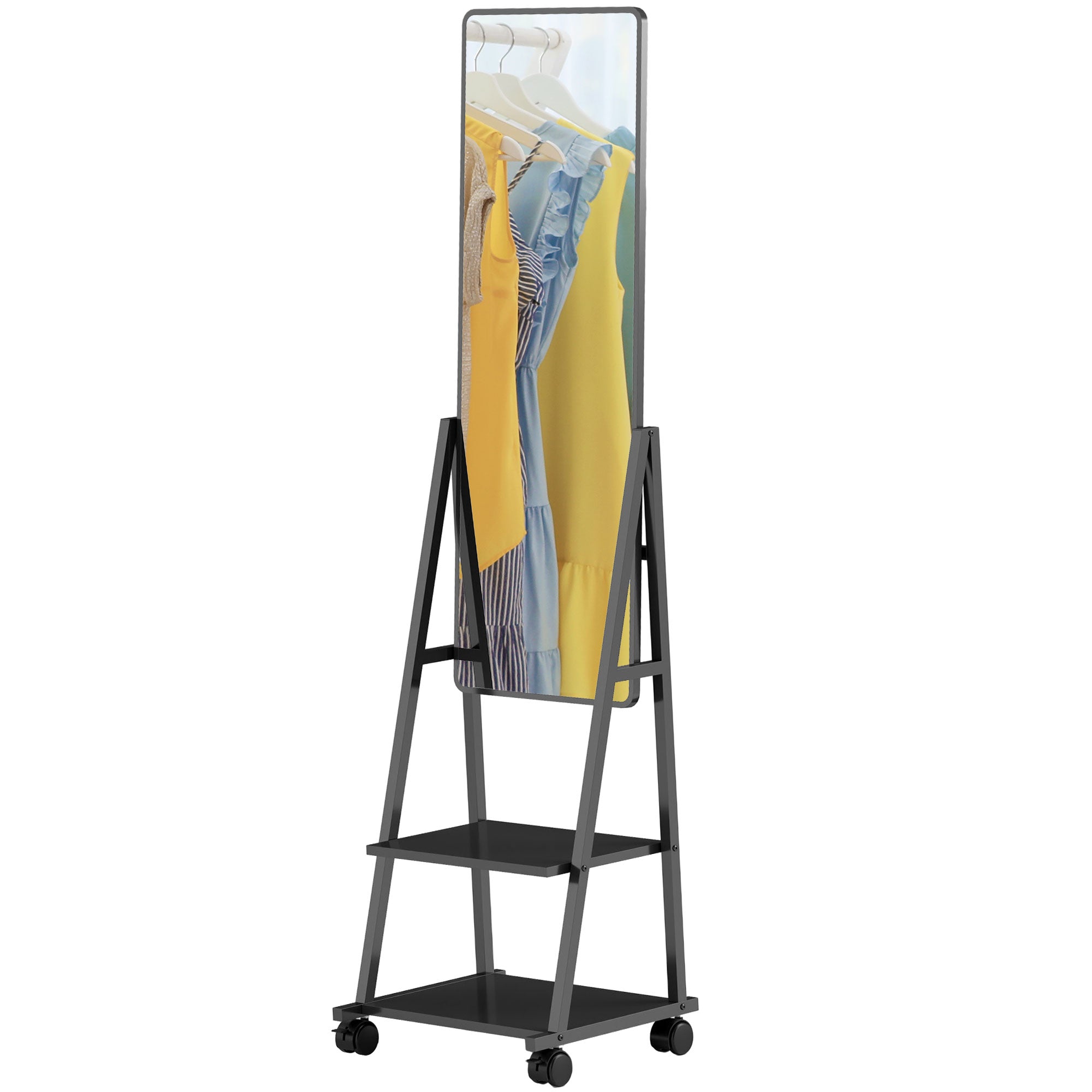 Full-Length Mirror, 42 x 155 cm Floor Mirror with Shelf, Standing Mirror with Wheels, Freestanding Mirror for Bedroom, Living Room, Black