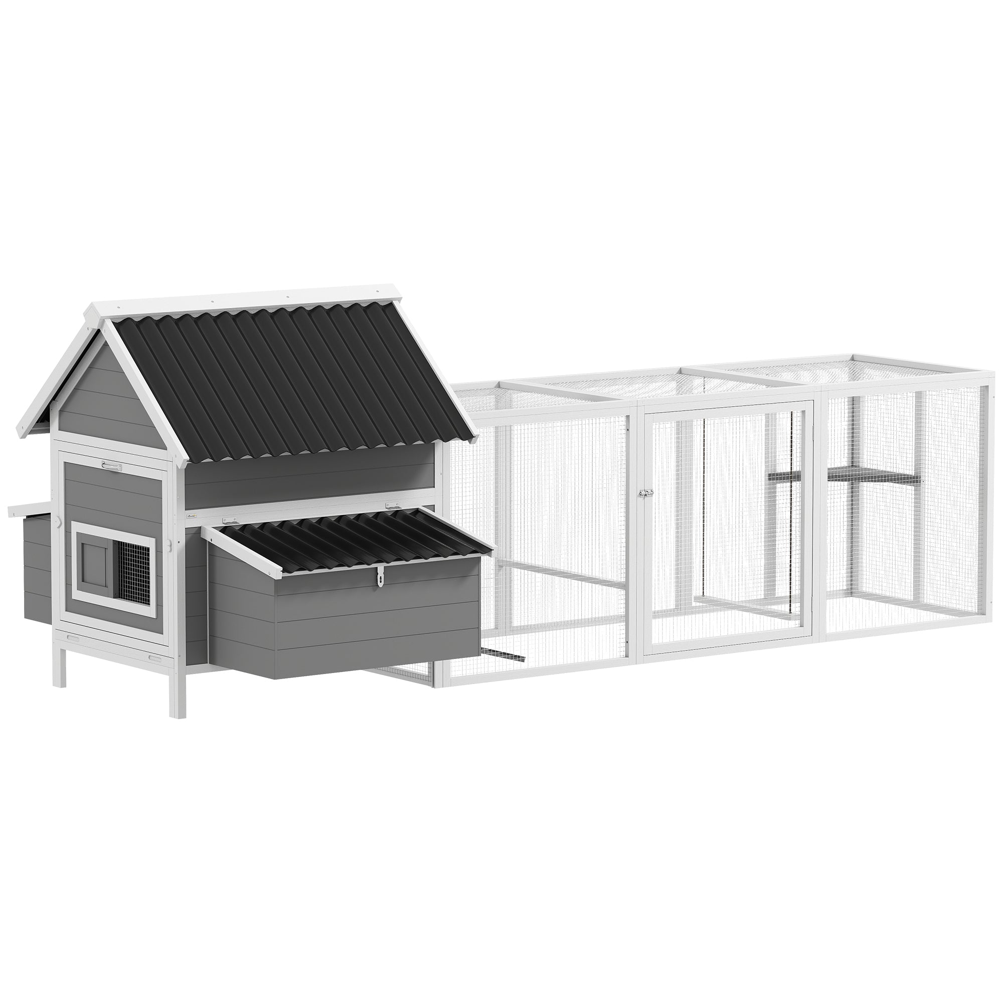 Wooden Chicken Coop with Run, 283 x 133.5 x 112 cm – For 7–10 Hens, 2 Nesting Boxes, Perches & Swing, Gray