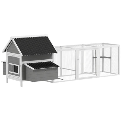 Wooden Chicken Coop with Run, 283 x 133.5 x 112 cm – For 7–10 Hens, 2 Nesting Boxes, Perches & Swing, Gray