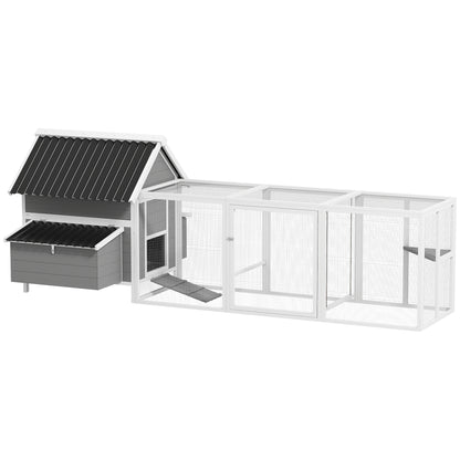 Wooden Chicken Coop with Run, 283 x 133.5 x 112 cm – For 7–10 Hens, 2 Nesting Boxes, Perches & Swing, Gray