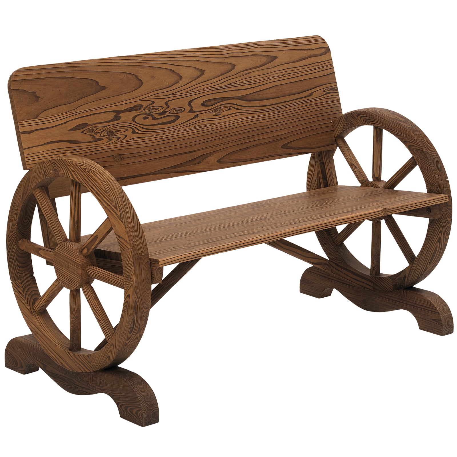 2-Seater Solid Wood Garden Bench with Armrest, Bench with Wagon Wheel Design, Garden Furniture 250kg Capacity, Rustic Bench, 114 x 58 x 80 cm, Brown