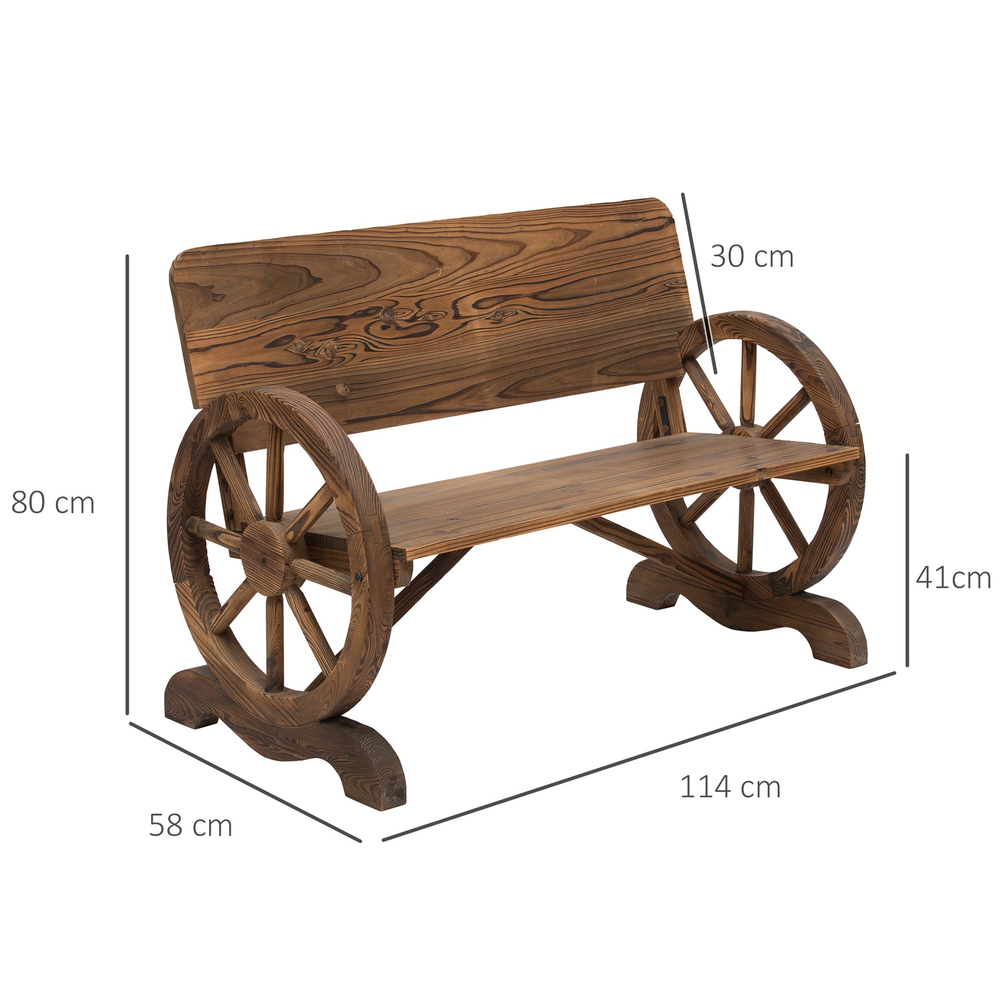 2-Seater Solid Wood Garden Bench with Armrest, Bench with Wagon Wheel Design, Garden Furniture 250kg Capacity, Rustic Bench, 114 x 58 x 80 cm, Brown