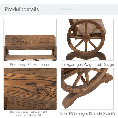 2-Seater Solid Wood Garden Bench with Armrest, Bench with Wagon Wheel Design, Garden Furniture 250kg Capacity, Rustic Bench, 114 x 58 x 80 cm, Brown