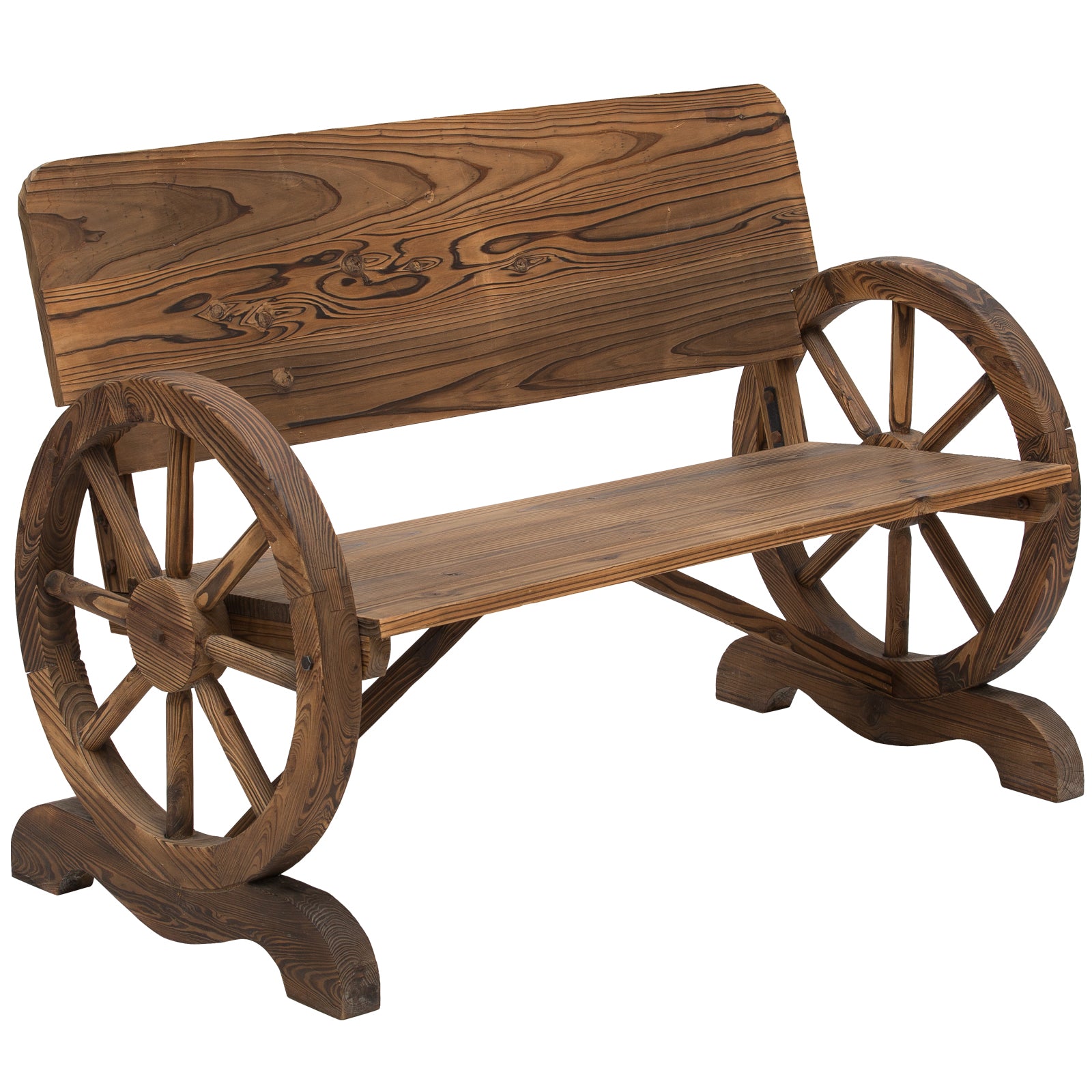 2-Seater Solid Wood Garden Bench with Armrest, Bench with Wagon Wheel Design, Garden Furniture 250kg Capacity, Rustic Bench, 114 x 58 x 80 cm, Brown