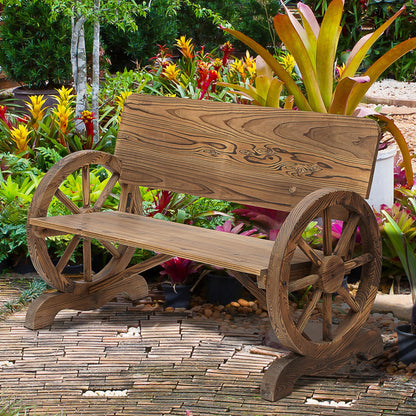 2-Seater Solid Wood Garden Bench with Armrest, Bench with Wagon Wheel Design, Garden Furniture 250kg Capacity, Rustic Bench, 114 x 58 x 80 cm, Brown