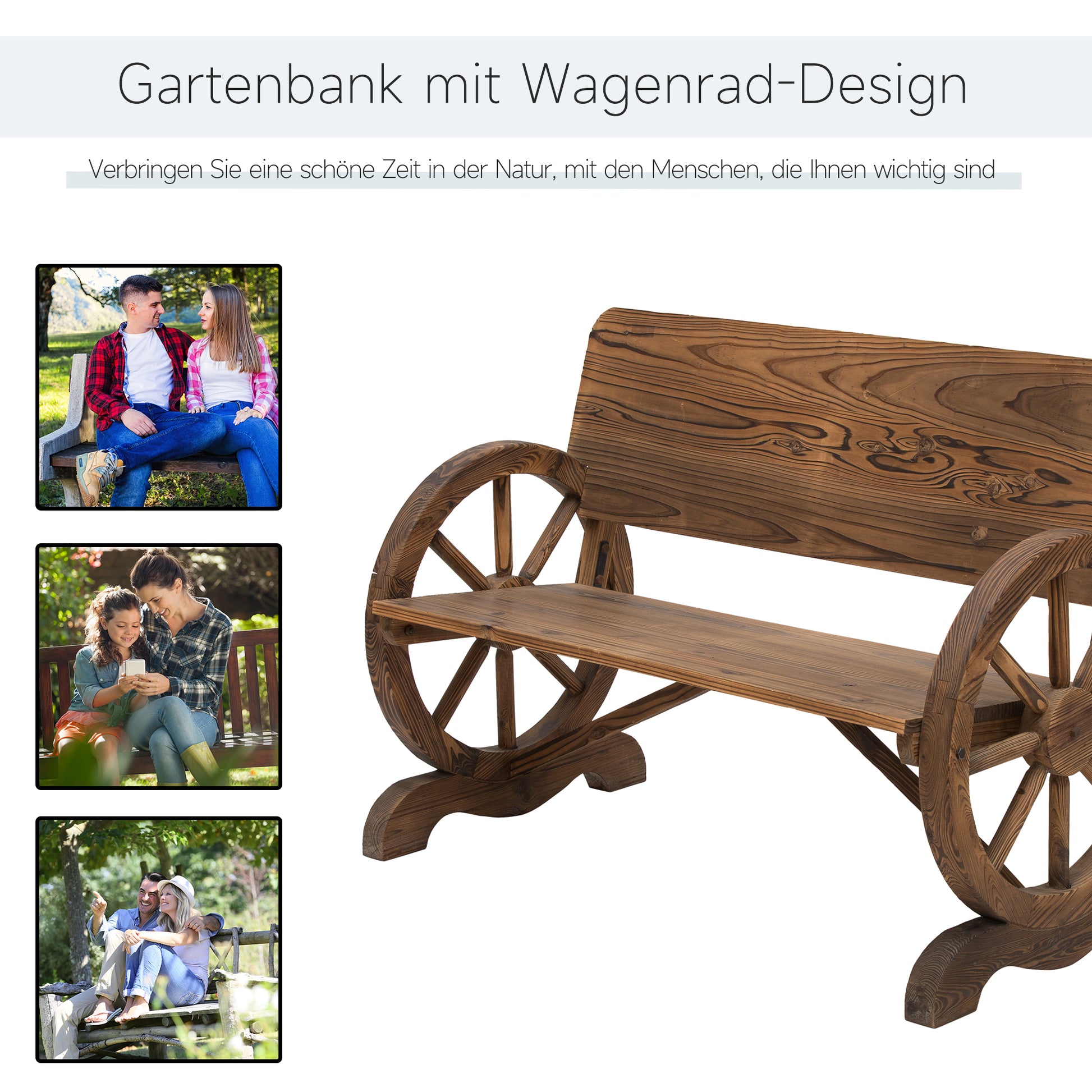 2-Seater Solid Wood Garden Bench with Armrest, Bench with Wagon Wheel Design, Garden Furniture 250kg Capacity, Rustic Bench, 114 x 58 x 80 cm, Brown