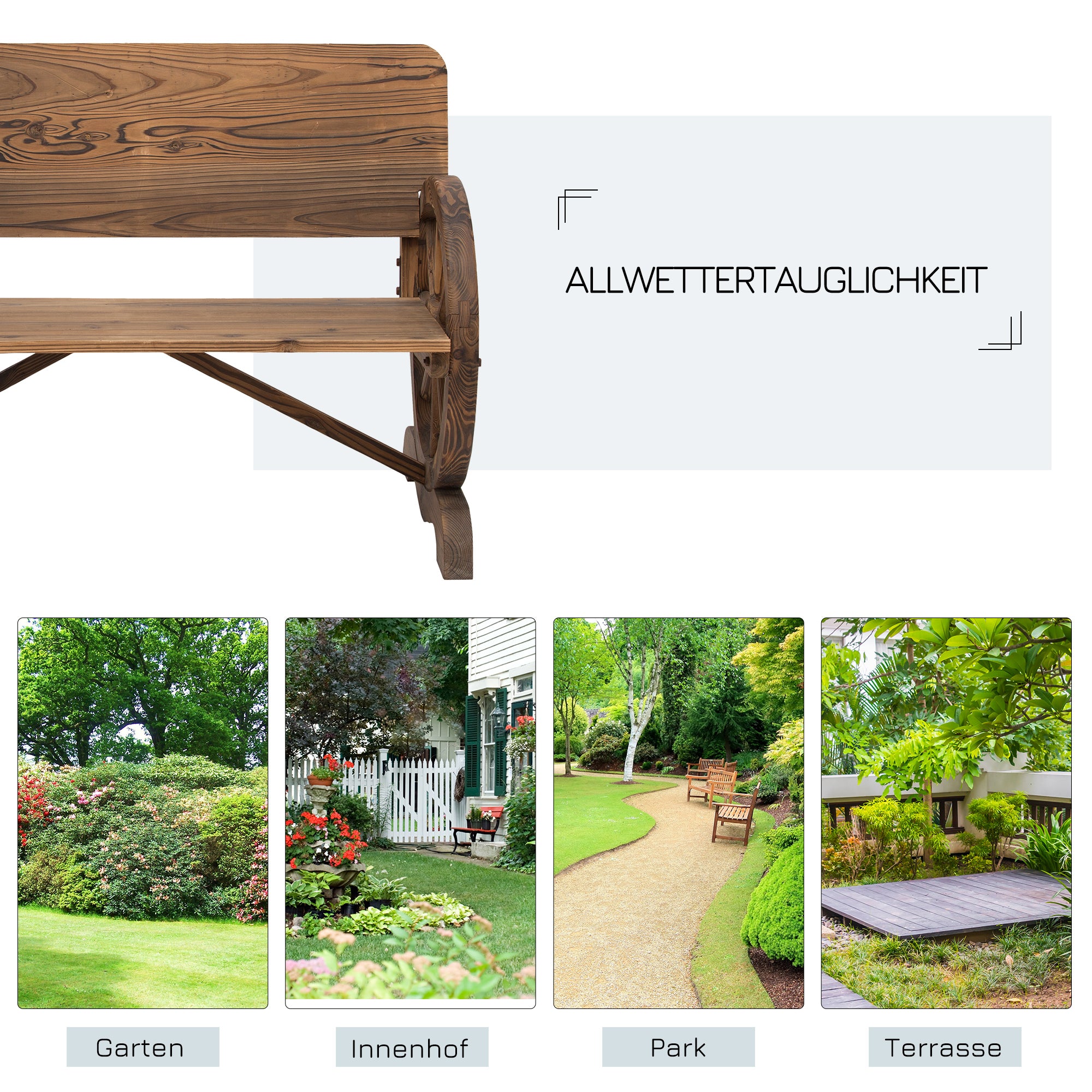 2-Seater Solid Wood Garden Bench with Armrest, Bench with Wagon Wheel Design, Garden Furniture 250kg Capacity, Rustic Bench, 114 x 58 x 80 cm, Brown