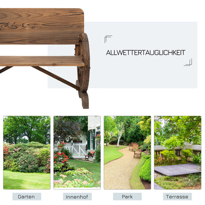 2-Seater Solid Wood Garden Bench with Armrest, Bench with Wagon Wheel Design, Garden Furniture 250kg Capacity, Rustic Bench, 114 x 58 x 80 cm, Brown